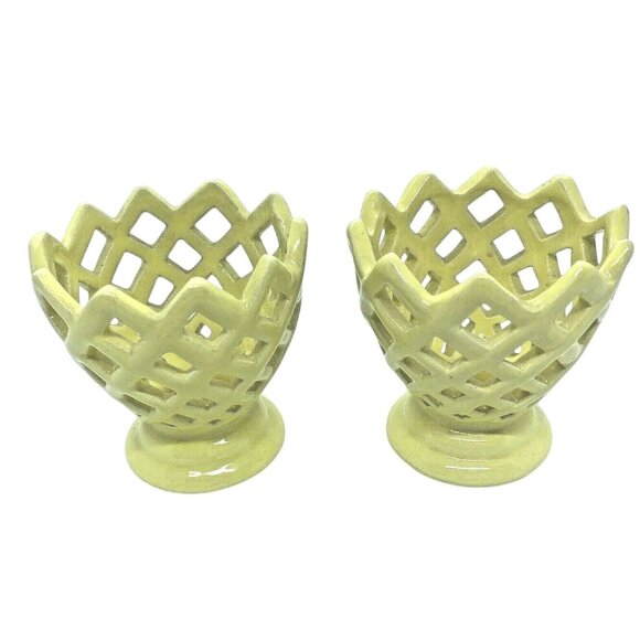 Pier One Imports Yellow Crosshatch Egg Holders MCM Vintage Ceramic - Picture 1 of 5